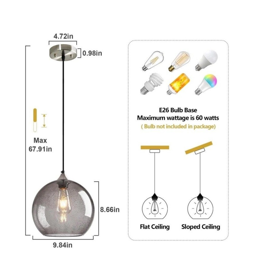 LBSQJ Light Grey Glass Globe Mini Pendant Lights 2 Pack Kitchen Island Fixtures - Picture 2 of 3